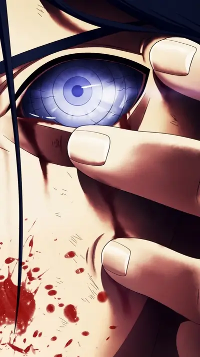 Close-up of Rinnegan eye with blood and hand covering part of face