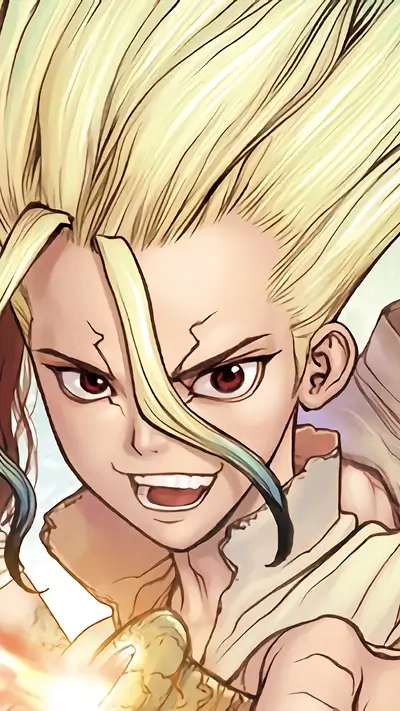 Close up of Senku Ishigami smiling with a confident grin