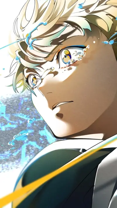 Close-up of teary-eyed character with intense expression, artistic depiction