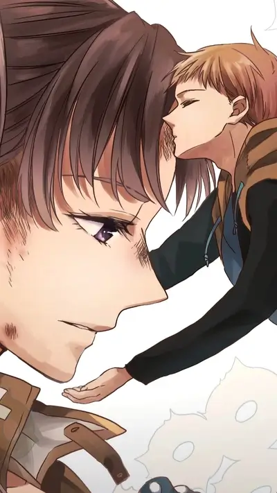 Close-up of two characters, one leaning in for a kiss