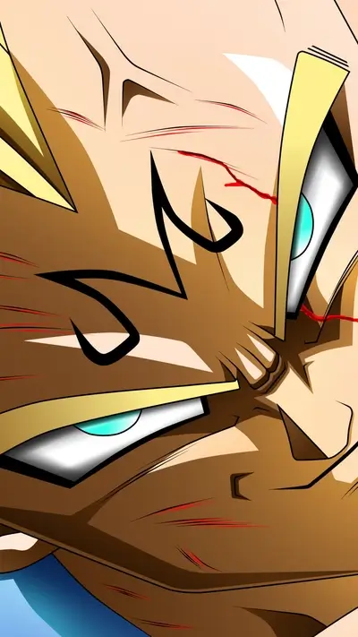 Close-up of Vegeta from Dragon Ball Z, his face shows determination and battle damage