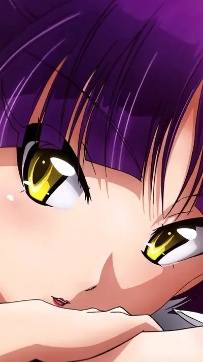 Close-up on face with captivating yellow eyes and violet hair