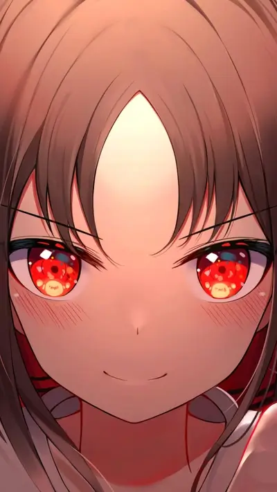 Close-up portrait features big red eyes, shiny hair, and a slight smile