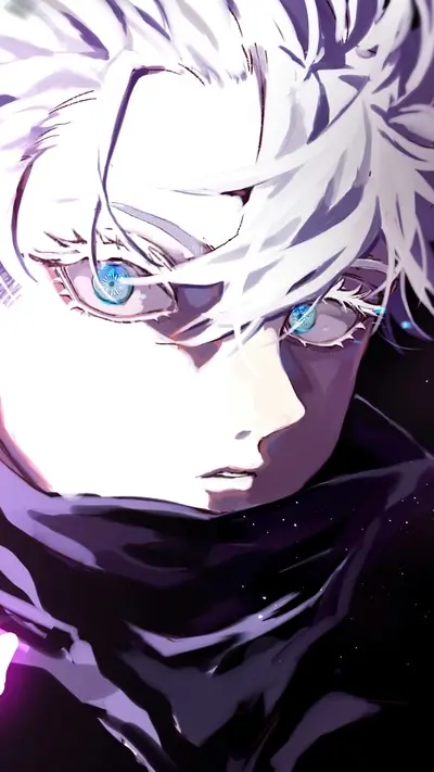 Close-up portrait of a character with white hair and striking blue eyes