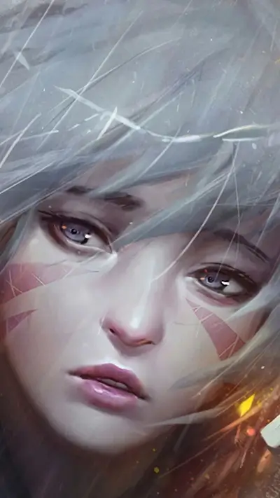 Close-up portrait of a girl with pale skin and white hair