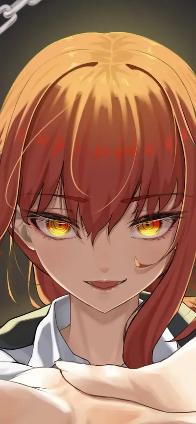 Close-up portrait of a woman with intense yellow eyes, looking intimidating