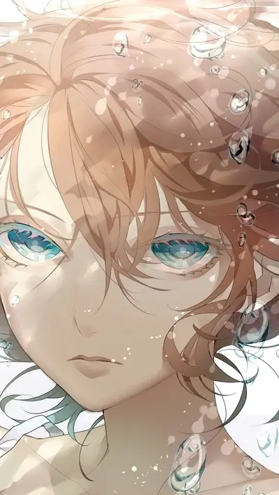 Close-up portrait of an anime-style character with captivating blue eyes and water droplets