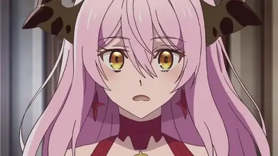 Close-up portrait of pink-haired demon girl looking surprised