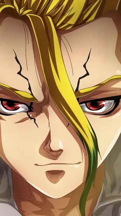 Close up portrait of young man with red eyes and smirk