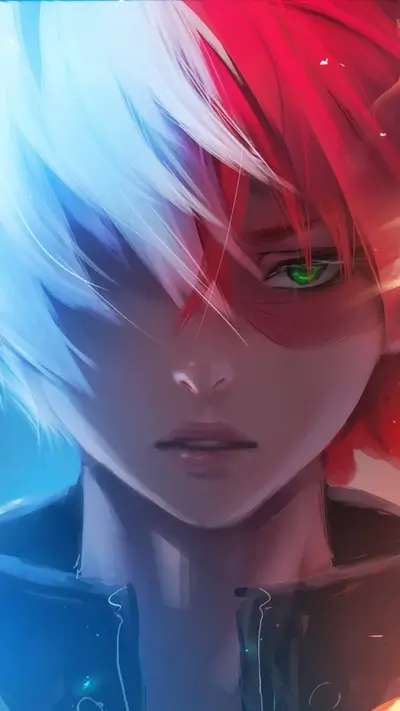 Close-up shot of a character's face, dual-colored hair, and heterochromatic eyes