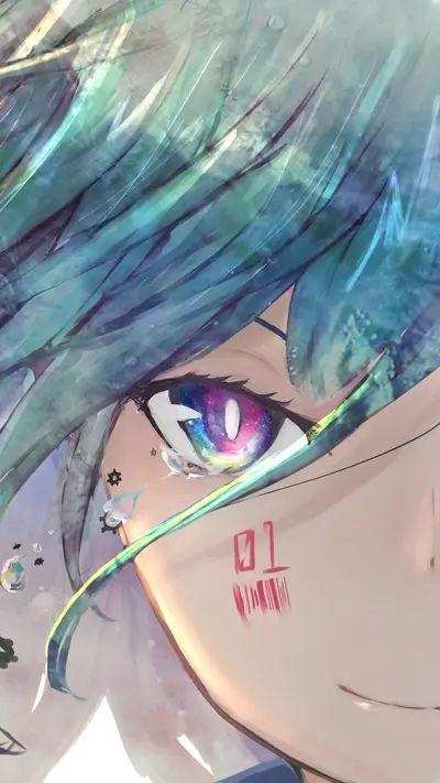 Close-up view of an eye with galaxy reflection, tears and 01 barcode on the cheek