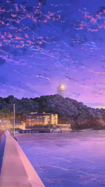 Coastal town at twilight under a purple sky