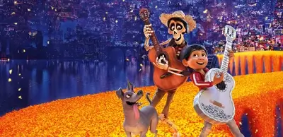 Coco movie scene, characters playing guitars