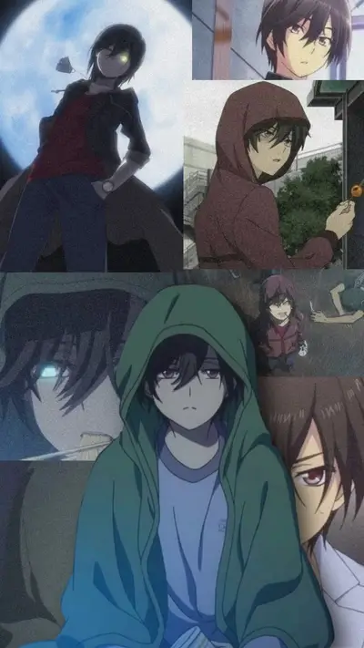 Collage of anime boys in hoodies, dark clothing, and mysterious expressions