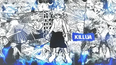 Collage of scenes from a manga, featuring a prominent character