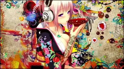 Colorful anime girl with headphones drinking from a bowl