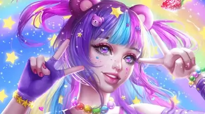 Colorful girl makes peace signs with rainbow and starry background.