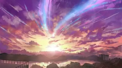 Colorful twilight sky with glowing comet trails over a lake
