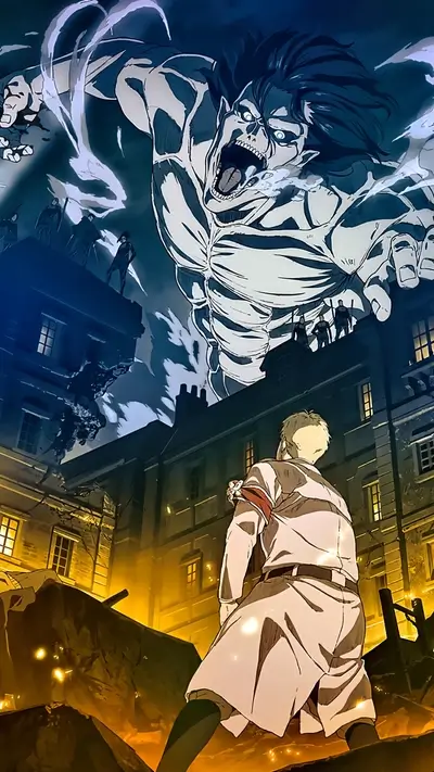 Colossal titan looming over city streets, military personnel facing destruction