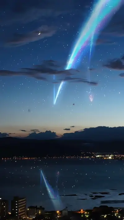 Comet over city at night