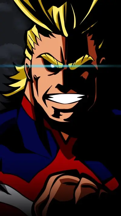 Confident All Might face illuminated with shining blue eyes