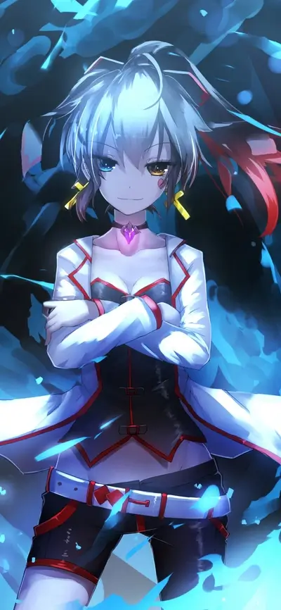 Confident girl with heterochromia poses with arms crossed