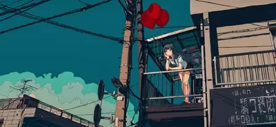 Contemplative girl with balloons on balcony, city vibes and overcast
