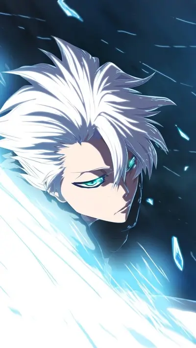 Cool anime character, silver hair, piercing teal eyes, dynamic background, intense gaze