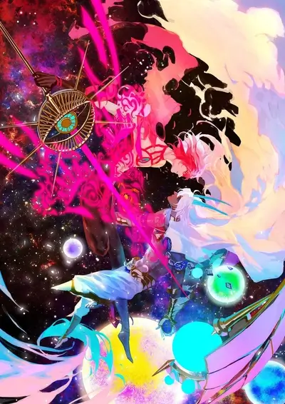 Cosmic duel between two figures wielding glowing weapons