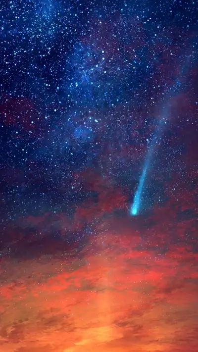 Cosmic sky ablaze with brilliant hues, a radiant comet streaks through celestial canvas
