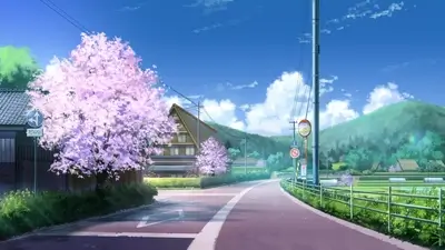 Country road scene with cherry blossoms