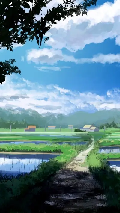 Countryside path leads to houses and rice paddies