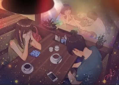 Couple at a cafe, one is sad, another is looking down