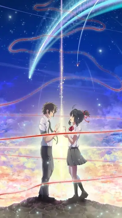 Couple connected by red string under a meteor shower