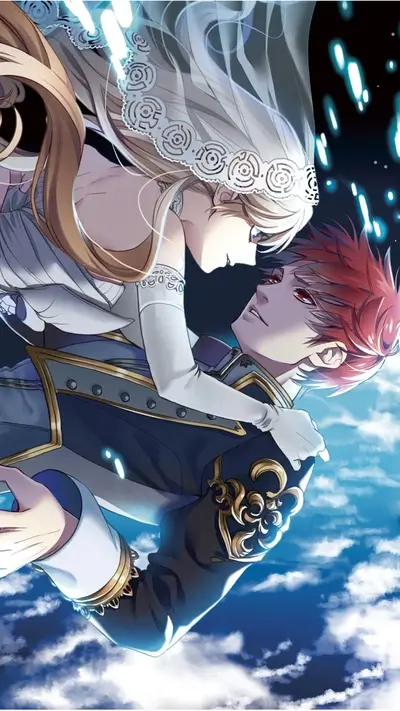 Couple embracing, floating in the clouds