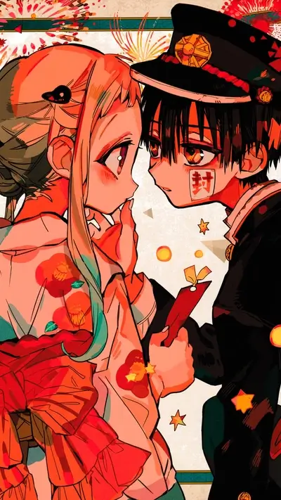Couple exchanging gifts, fireworks background