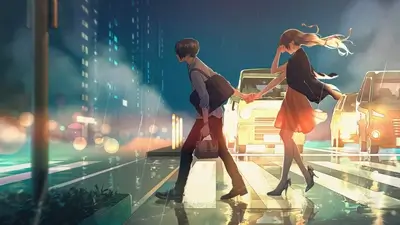 Couple holding hands crossing a rainy street at night