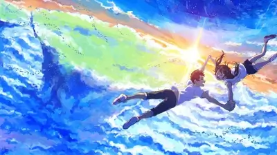 Couple holding hands, falling through clouds
