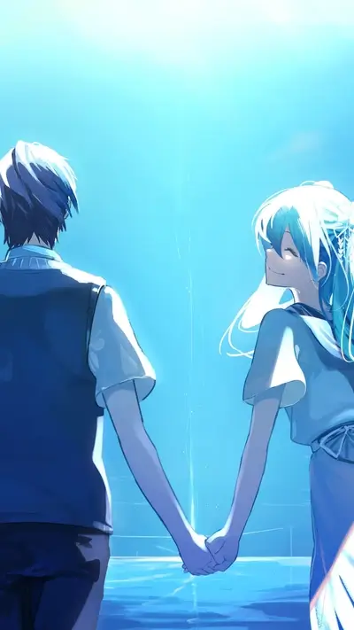 Couple holding hands, standing together with light shining between them