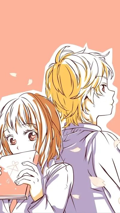 Couple in pastel colors, holding a book