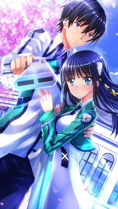 Couple in school uniforms, holding a futuristic weapon, blossoms in background