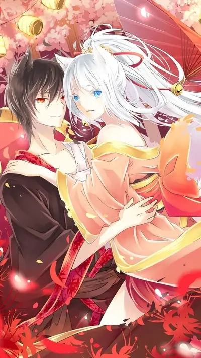 Couple in traditional Japanese attire, embracing amidst cherry blossoms
