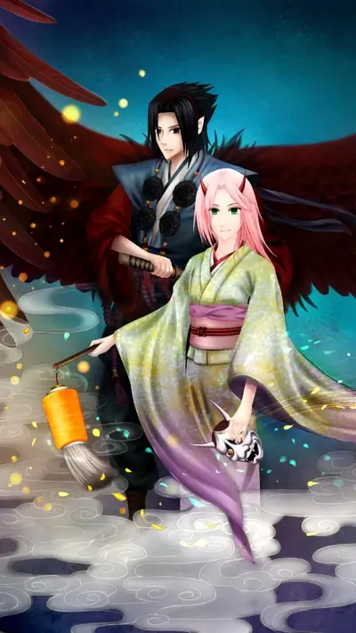 Couple in traditional Japanese attire with large dark red wings