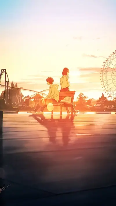Couple on bench during sunset at an amusement park