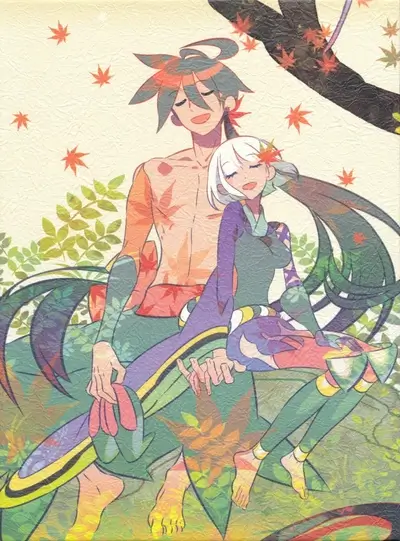 Couple resting under a tree, autumn leaves falling