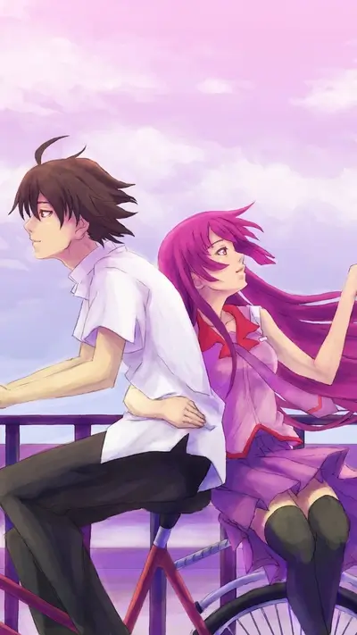 Couple rides a bicycle, with pink sky, looking cheerful