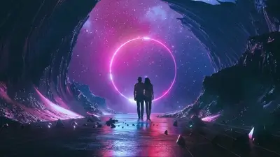 Couple silhouetted against a cosmic ring