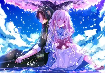 Couple sitting back to back under cherry blossom tree, headphones on, girl reading