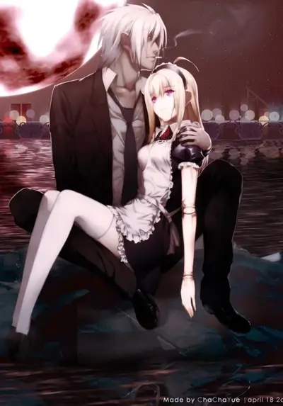 Couple sitting by water under a red moon