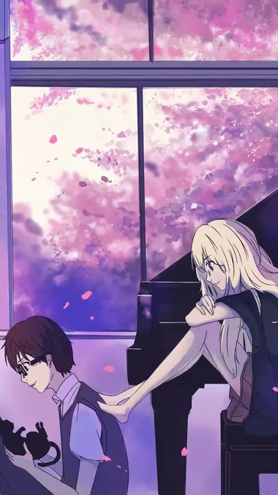 Couple sitting near a piano, window with cherry blossoms